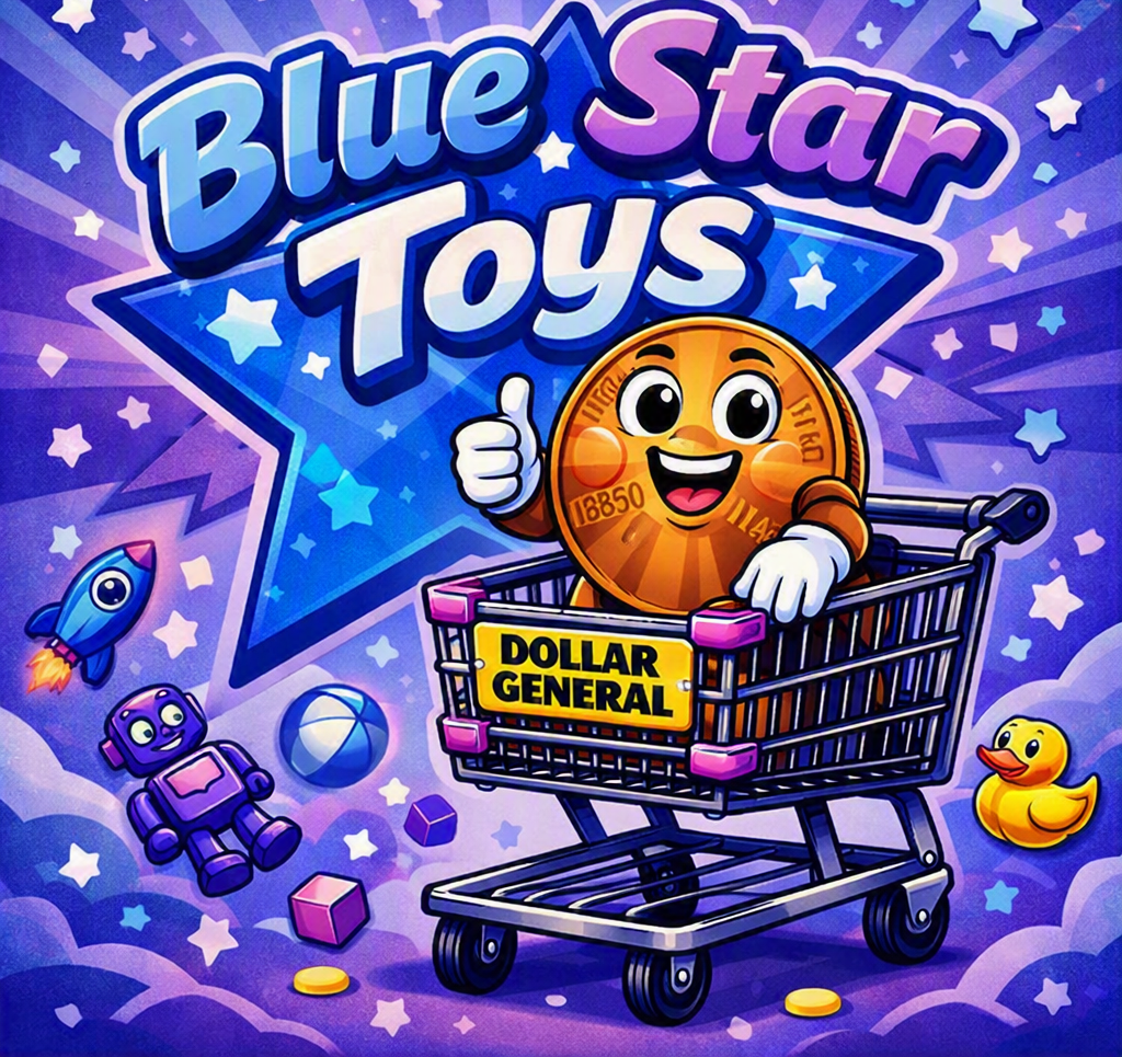 Blue Star Toys penny list cover graphic with a smiling penny in a Dollar General shopping cart