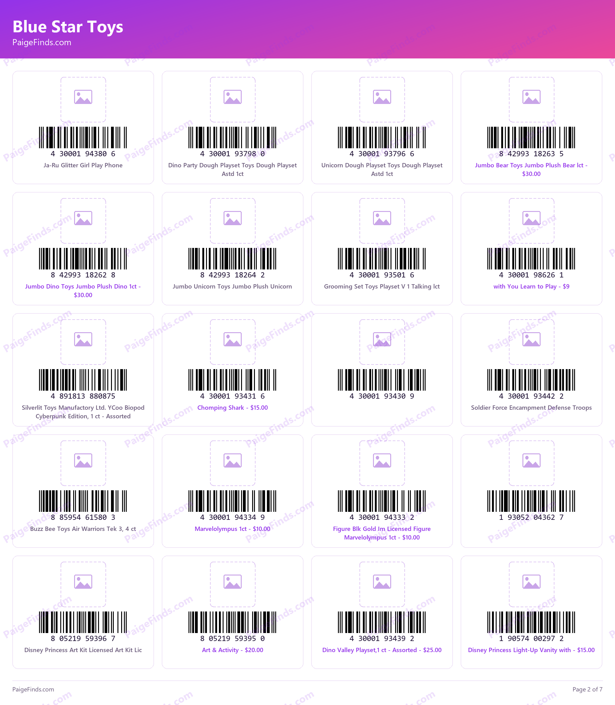 Blue Star Toys barcodes, page 2 of 7