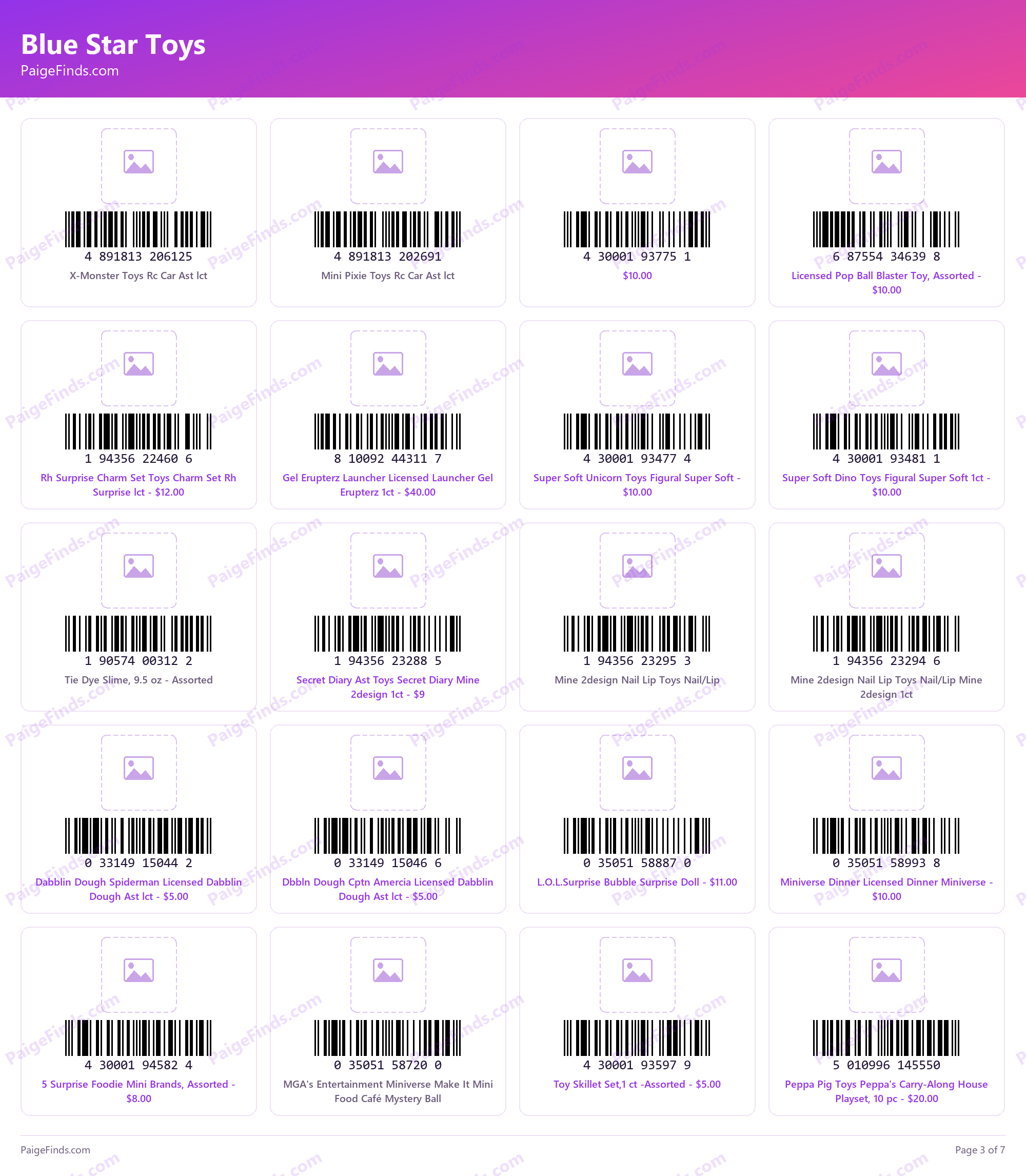 Blue Star Toys barcodes, page 3 of 7