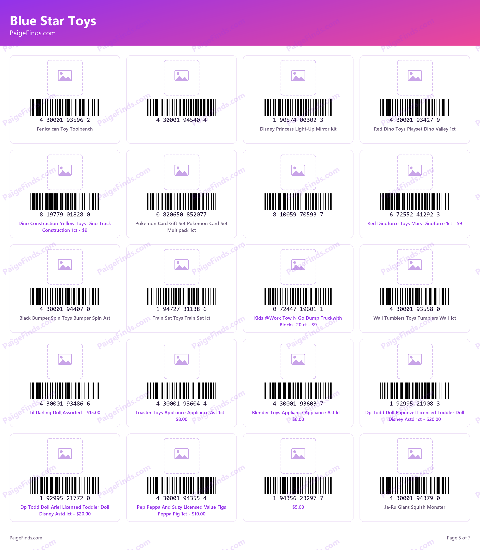Blue Star Toys barcodes, page 5 of 7