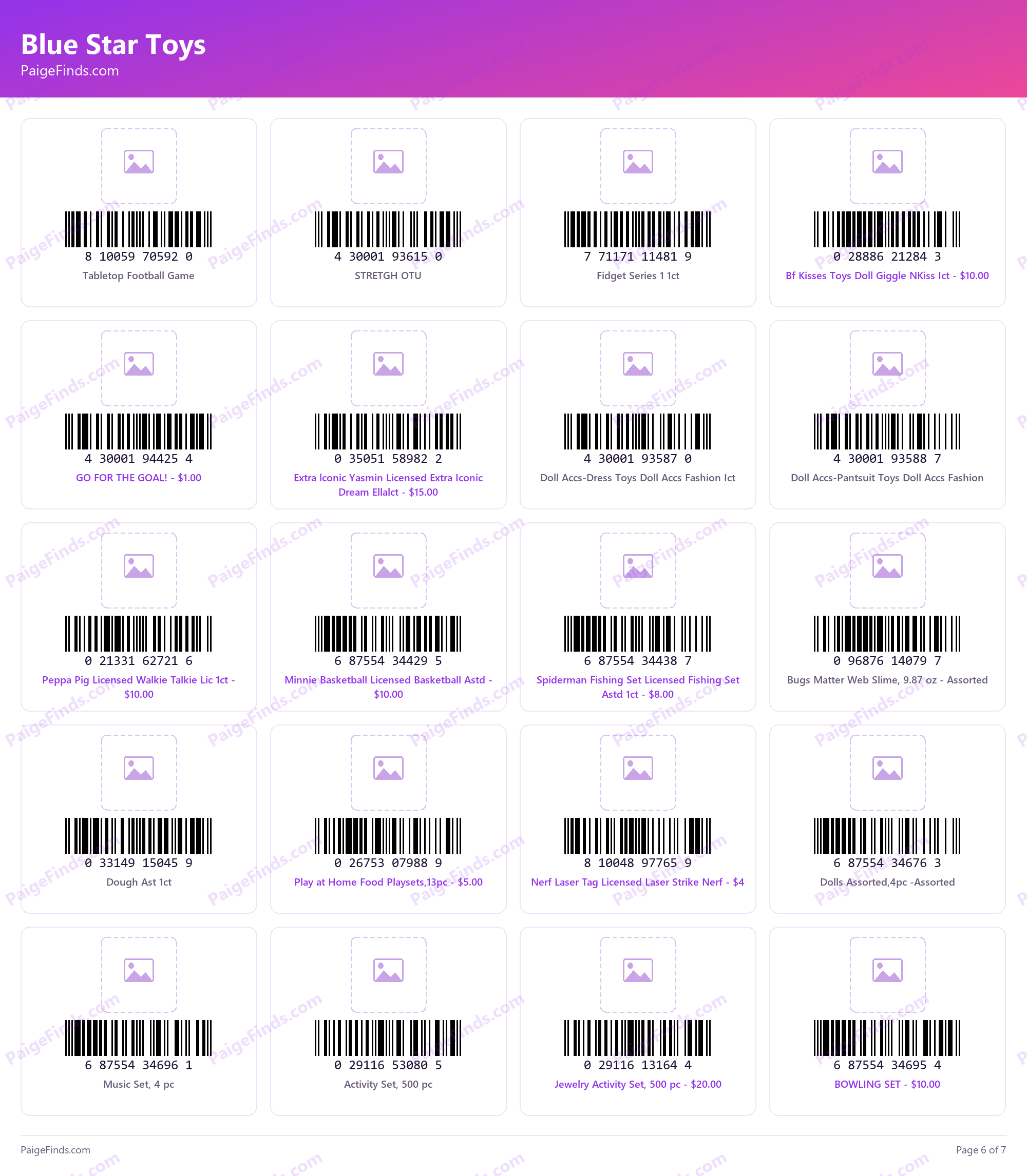 Blue Star Toys barcodes, page 6 of 7