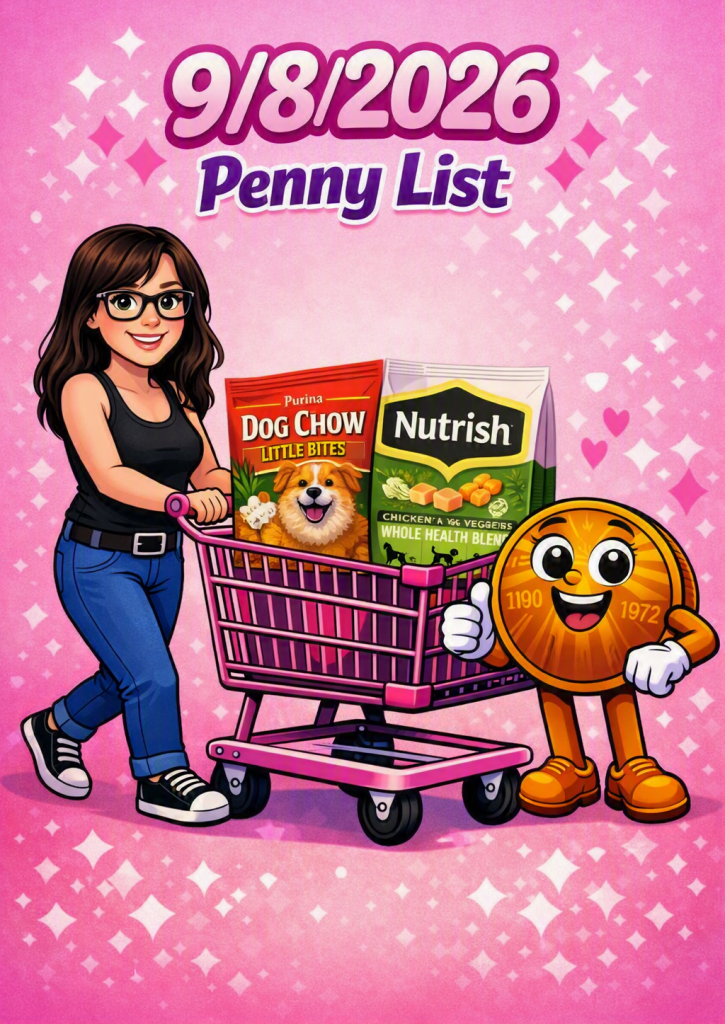 Dollar General 9/8/2026 penny list cover with a shopper, a smiling penny and the dog food deals