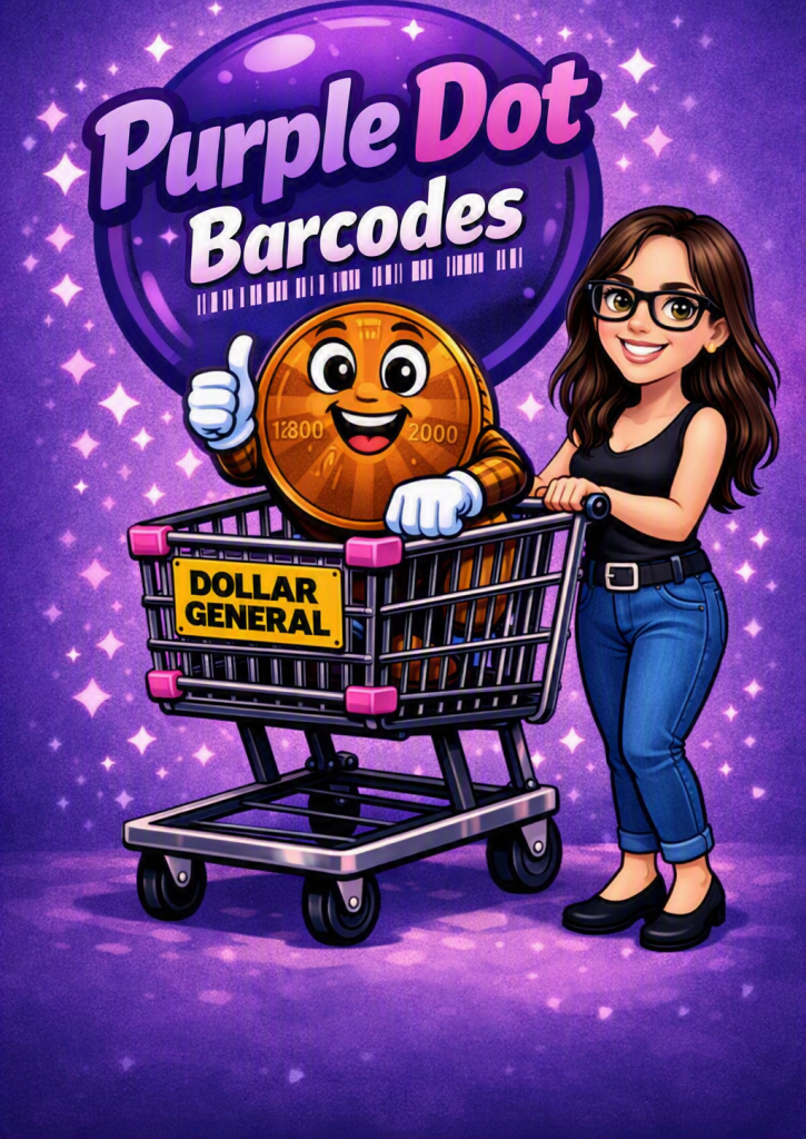 Purple Dot Barcodes cover graphic with a smiling penny in a Dollar General shopping cart